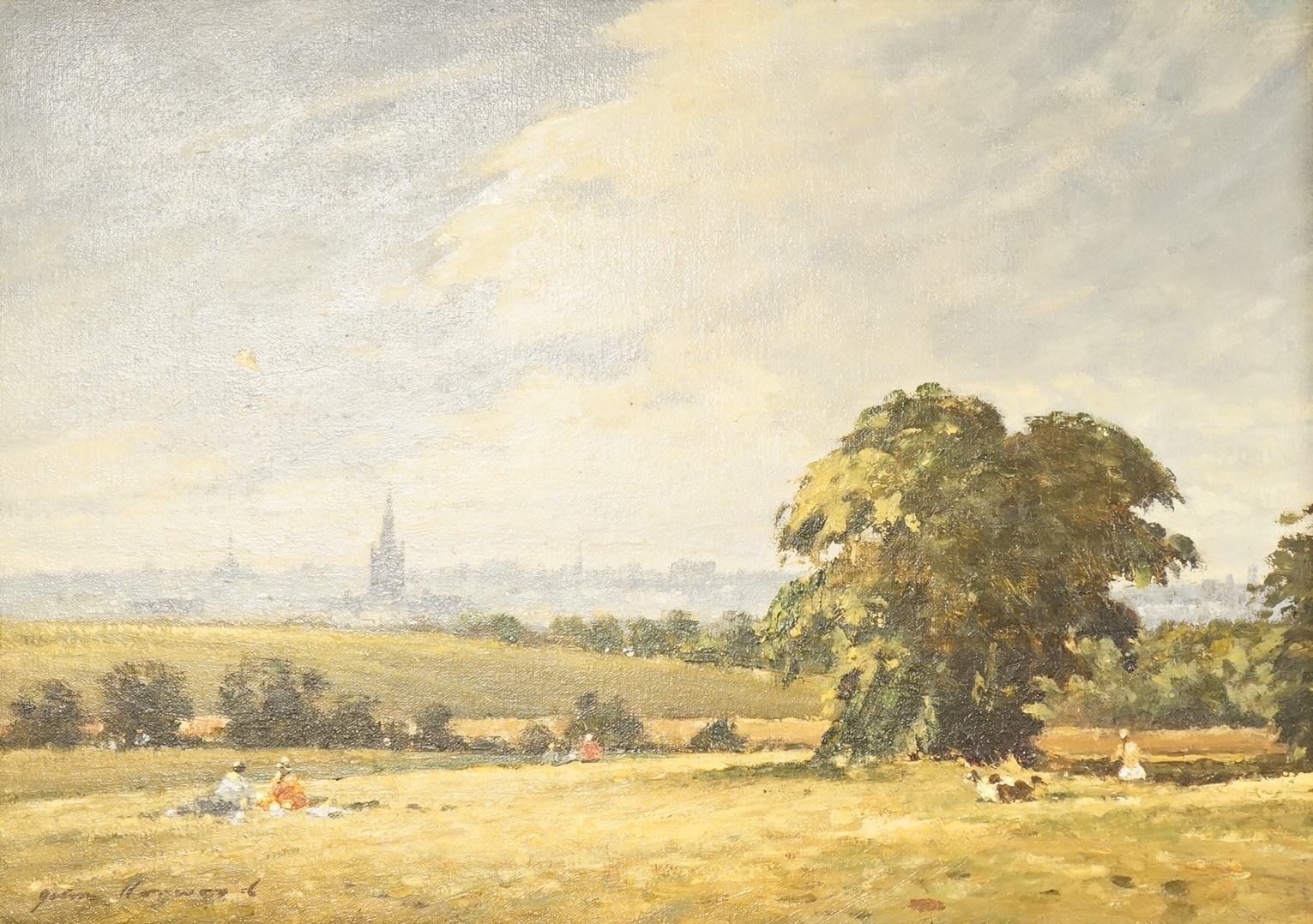 John Horwood (1934-1994), 'View of Hampstead Heath', signed, oil on canvas, details verso, 37 x 52cm, ornate gilt frame